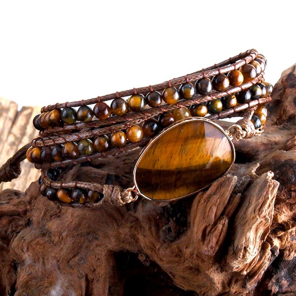 Costume Jewelry Jewelry - "LAST ONE" NEW Tiger's Eye Leather Layer Wrap Boho Beaded Silver Flower Closure